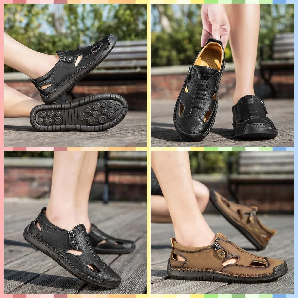 Men's Leather Fisherman Sandals Slip-On | Closed Toe, Breathable, Hand-Sewn, Side Zipper | Stylish & Comfy for Summer Driving, Walking, Hiking, Outdoor Use
