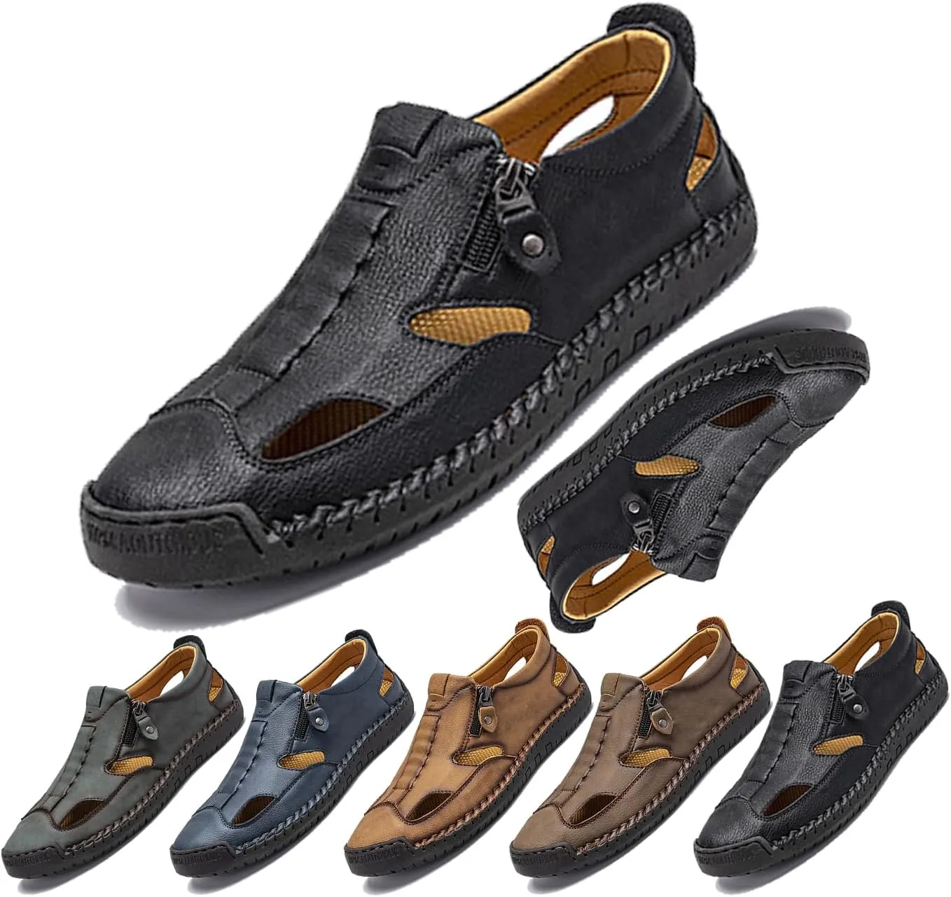 Men's Leather Fisherman Sandals Slip-On | Closed Toe, Breathable, Hand-Sewn, Side Zipper | Stylish & Comfy for Summer Driving, Walking, Hiking, Outdoor Use
