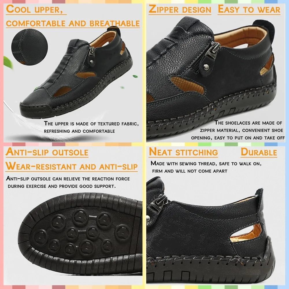 Men's Leather Fisherman Sandals Slip-On | Closed Toe, Breathable, Hand-Sewn, Side Zipper | Stylish & Comfy for Summer Driving, Walking, Hiking, Outdoor Use