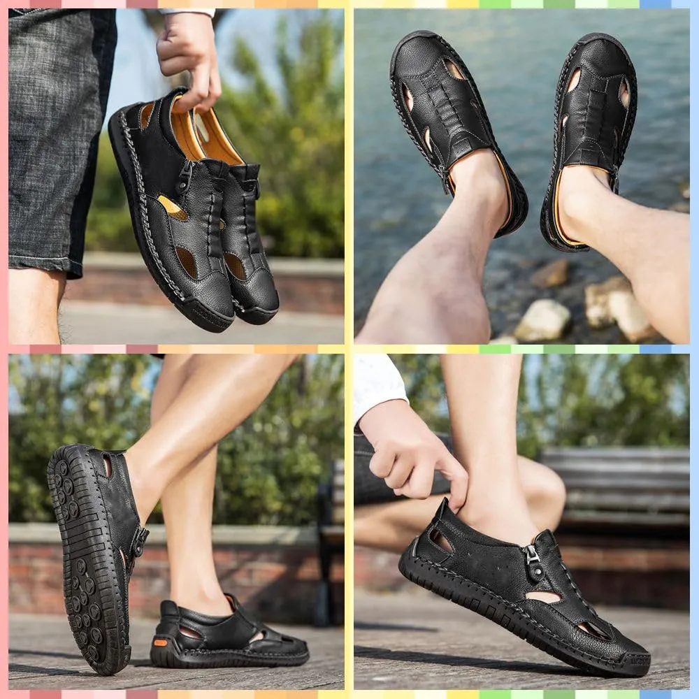 Men's Leather Fisherman Sandals Slip-On | Closed Toe, Breathable, Hand-Sewn, Side Zipper | Stylish & Comfy for Summer Driving, Walking, Hiking, Outdoor Use