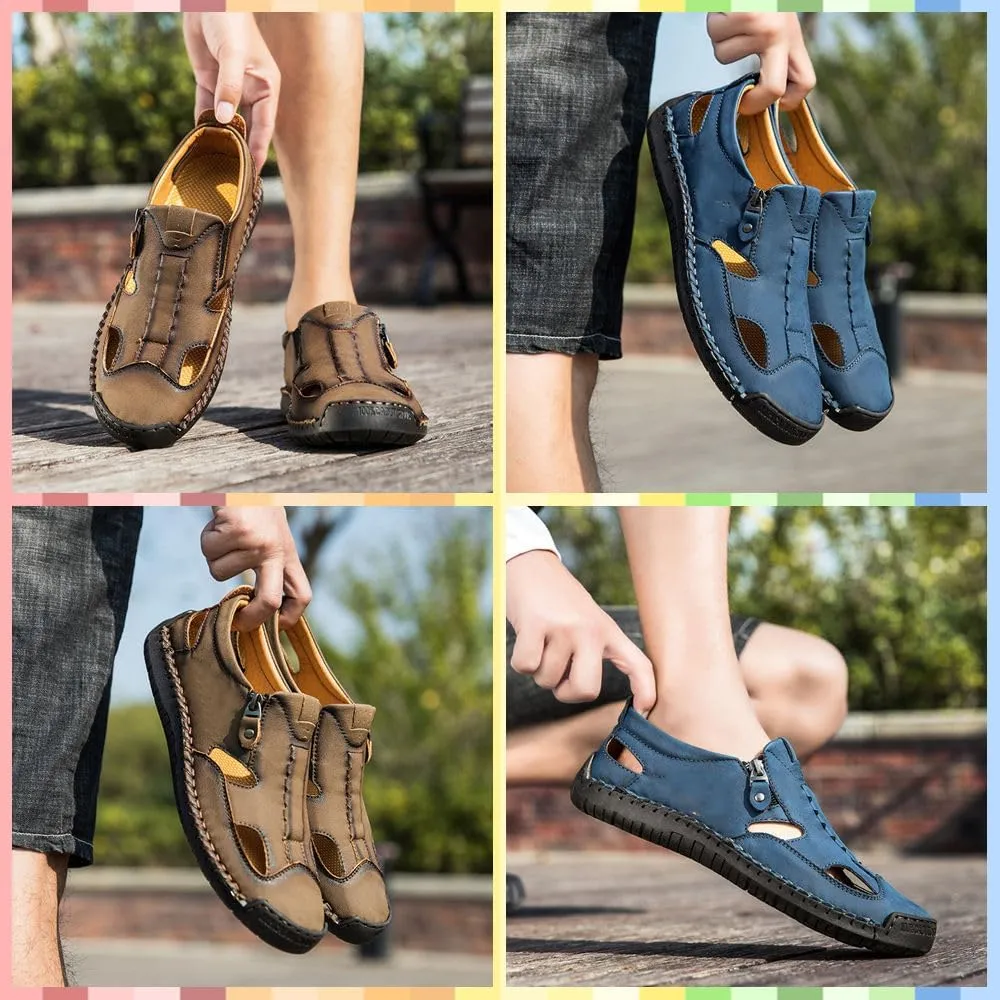 Men's Leather Fisherman Sandals Slip-On | Closed Toe, Breathable, Hand-Sewn, Side Zipper | Stylish & Comfy for Summer Driving, Walking, Hiking, Outdoor Use