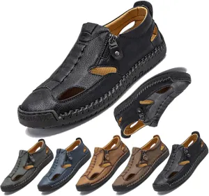 Men's Leather Fisherman Sandals Slip-On | Closed Toe, Breathable, Hand-Sewn, Side Zipper | Stylish & Comfy for Summer Driving, Walking, Hiking, Outdoor Use
