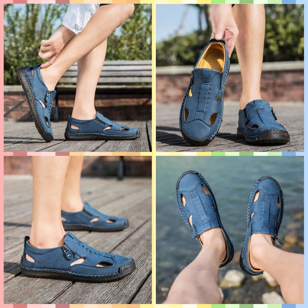Men's Leather Fisherman Sandals Slip-On | Closed Toe, Breathable, Hand-Sewn, Side Zipper | Stylish & Comfy for Summer Driving, Walking, Hiking, Outdoor Use