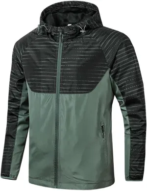 Men's Lightweight Softshell Jacket Classic Mesh Lining Stripes Patchwork Hooded Resistant Hiking Windbreaker Jackets