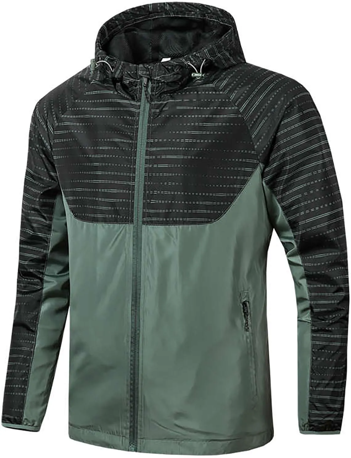 Men's Lightweight Softshell Jacket Classic Mesh Lining Stripes Patchwork Hooded Resistant Hiking Windbreaker Jackets