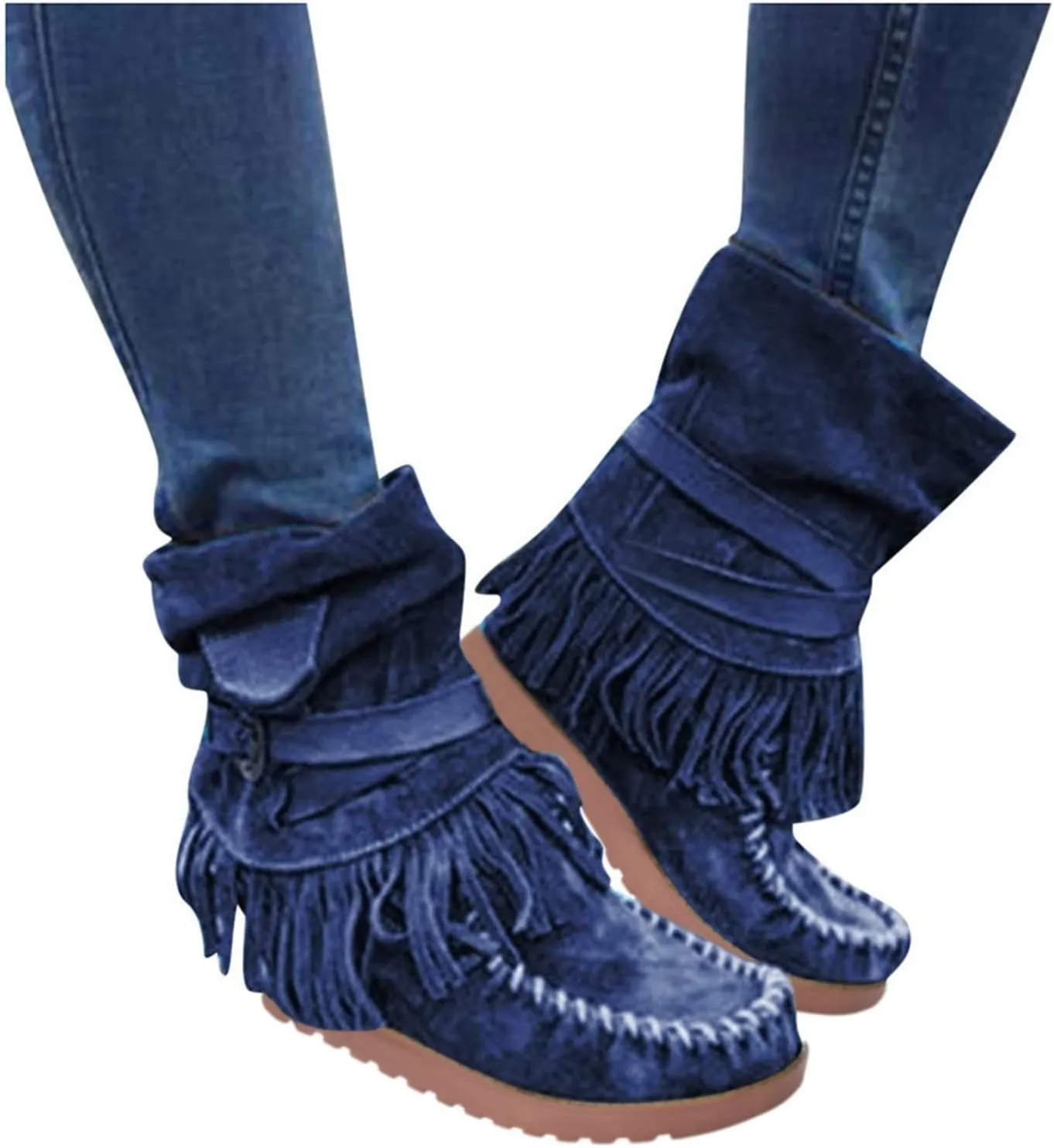 Mid Calf Boots for Women Comfortable Boots for Women Casual Fashion Round Toe Retro Short Women's Fringe Boots Comfy