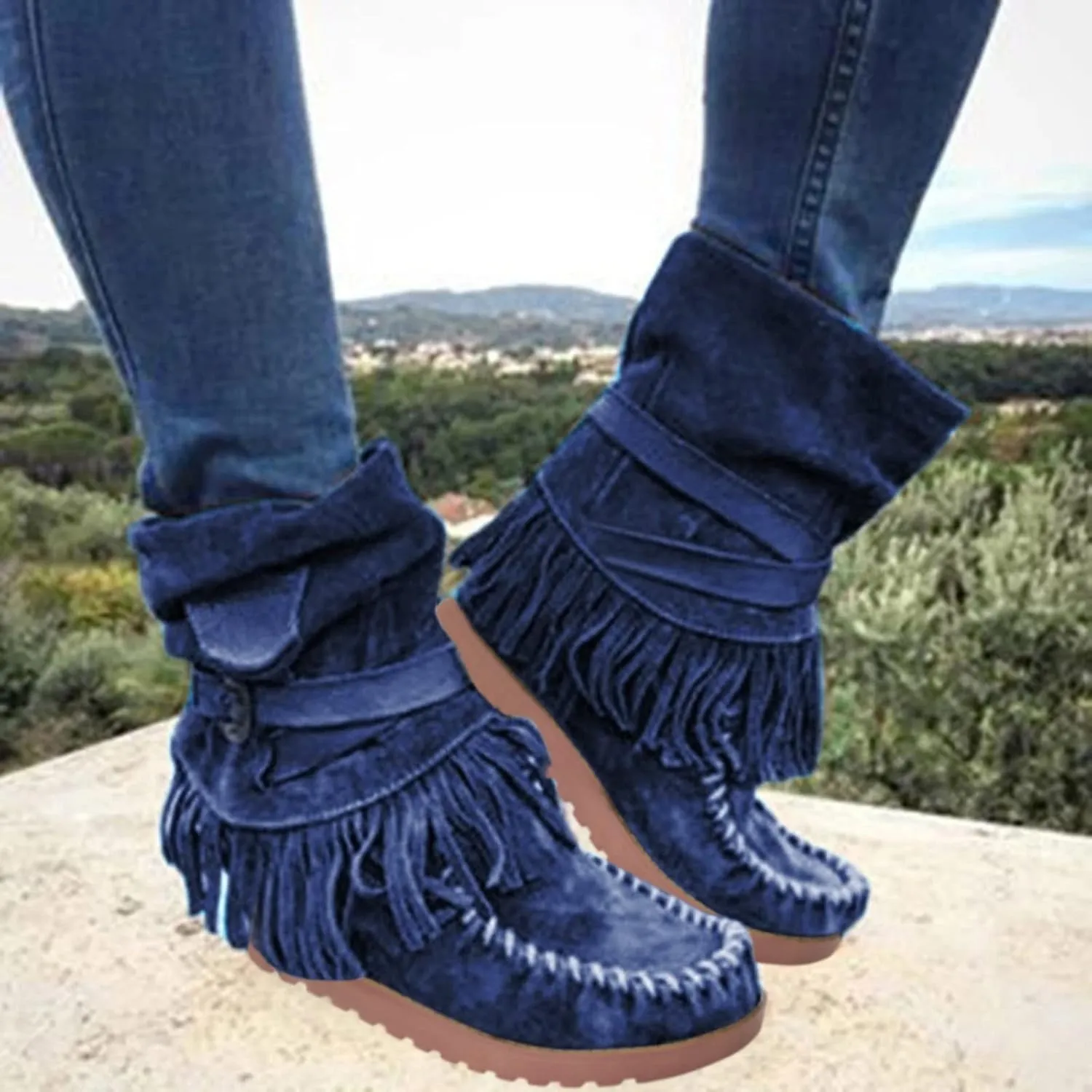 Mid Calf Boots for Women Comfortable Boots for Women Casual Fashion Round Toe Retro Short Women's Fringe Boots Comfy