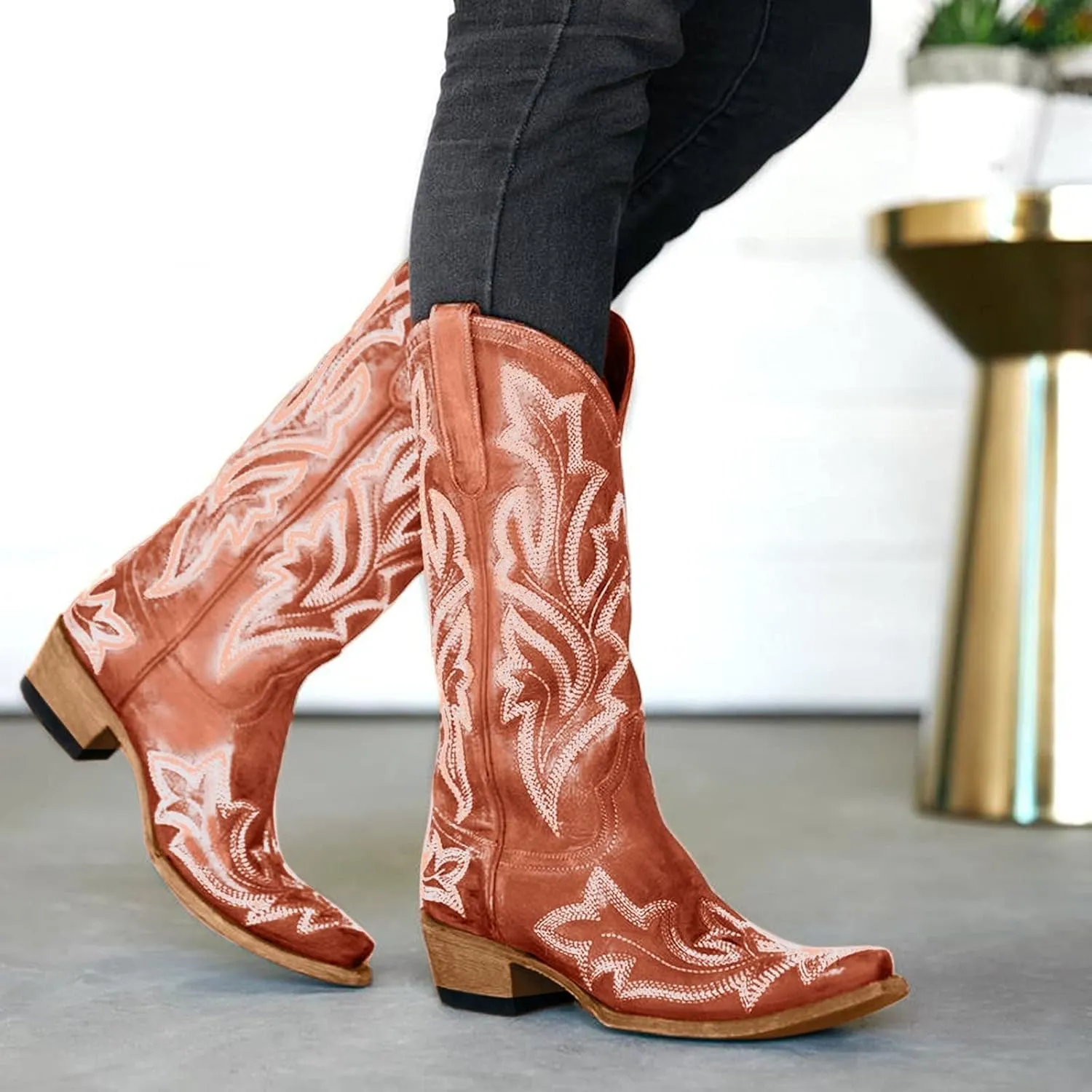 Mid Calf Boots for Women Cowboy Boots Women Cowboy Boots Retro Slip On Chunky Heel Embroidery Pointed Toe Women Boots