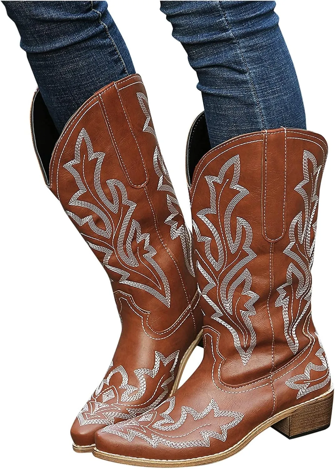 Mid Calf Boots for Women Cowboy Boots Women Cowboy Boots Retro Slip On Chunky Heel Embroidery Pointed Toe Women Boots