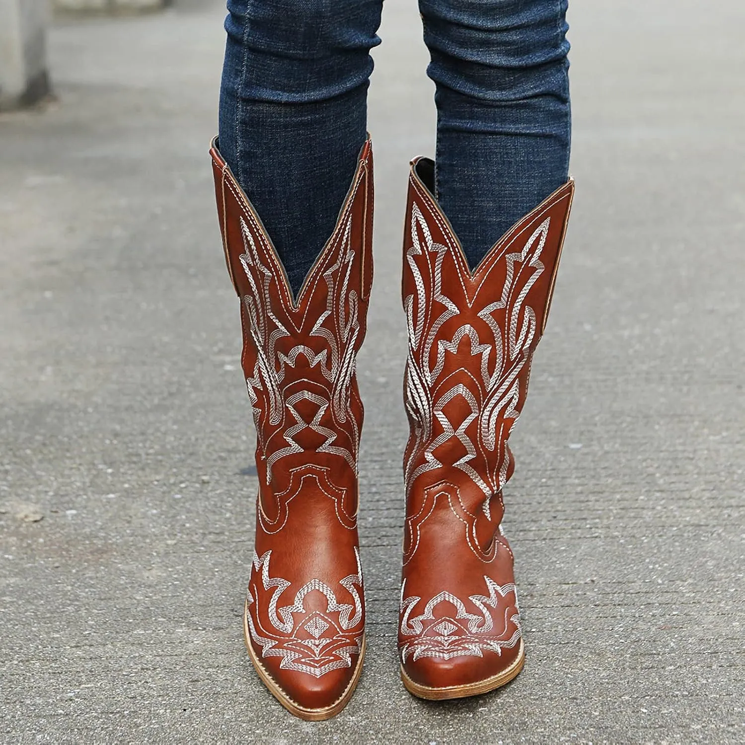 Mid Calf Boots for Women Cowboy Boots Women Cowboy Boots Retro Slip On Chunky Heel Embroidery Pointed Toe Women Boots