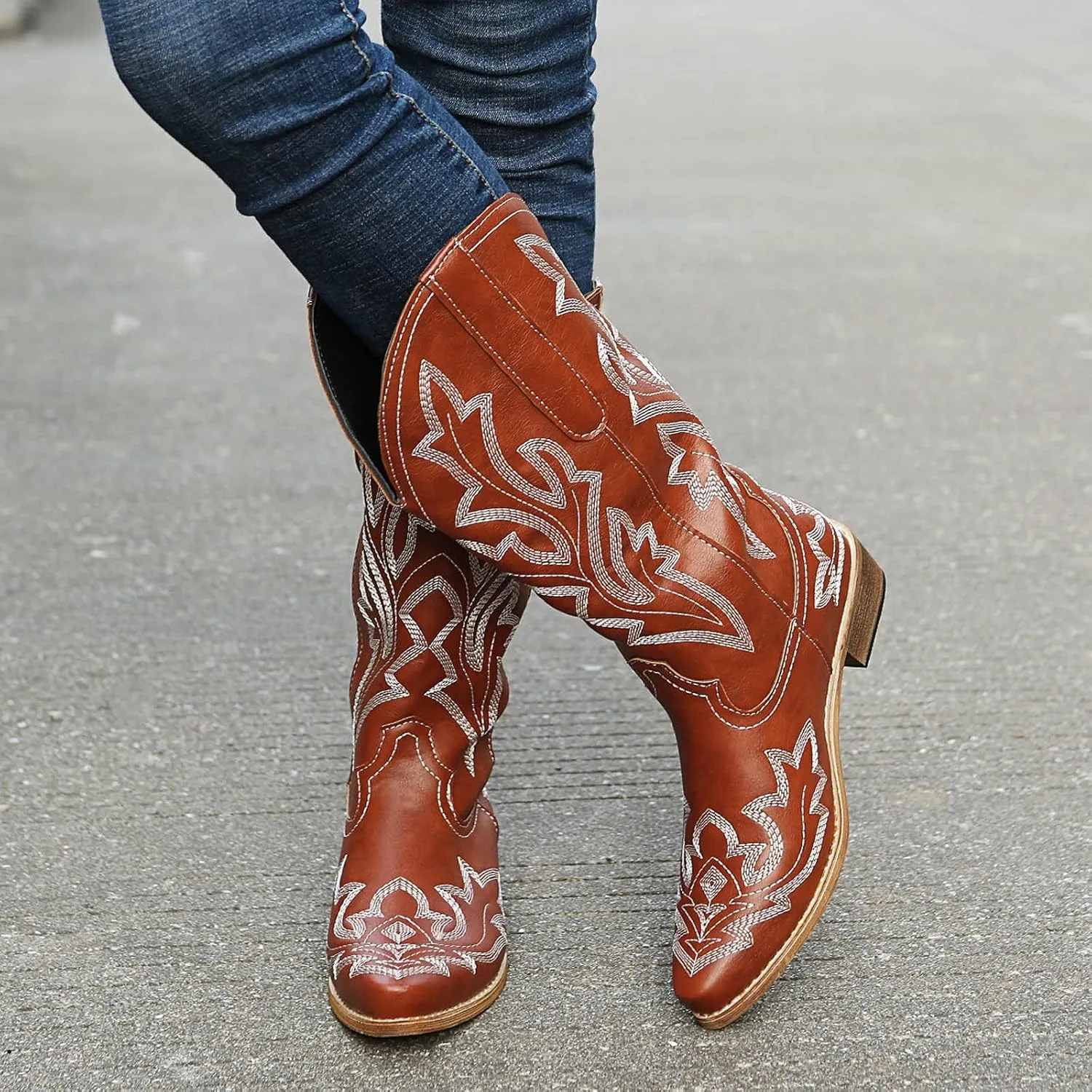 Mid Calf Boots for Women Cowboy Boots Women Cowboy Boots Retro Slip On Chunky Heel Embroidery Pointed Toe Women Boots