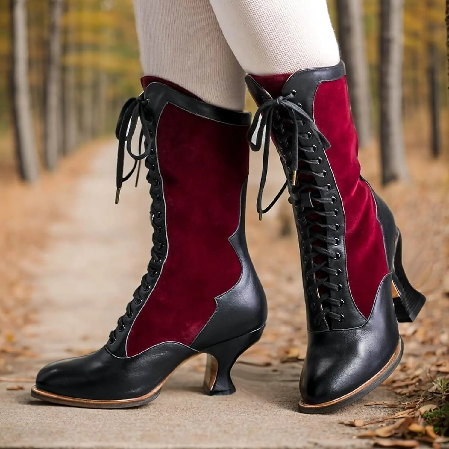 Mid Calf Boots for Women Fall Boots for Women 2024 Vintage Block Heel Lace Up Women Fashion Boots With Cute Cat Motif