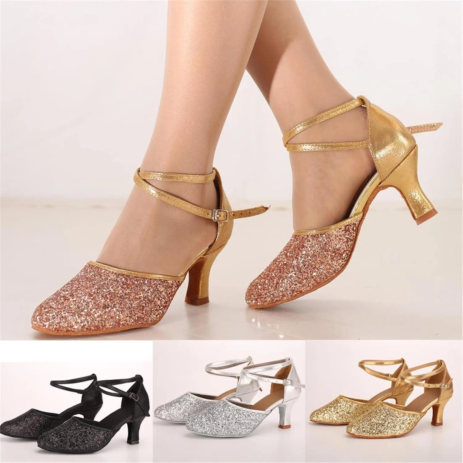 Mid Heels Sandals for Womens Latin Dance Shoes Heeled Ballroom Tango Shoes Party Sequin Dance Shoes Buckle Mid Heels