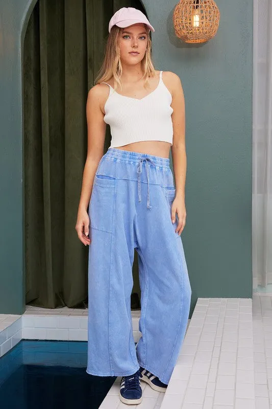 Mittoshop Mineral Wash Elastic Waist Barrel Leg Baggy Pants