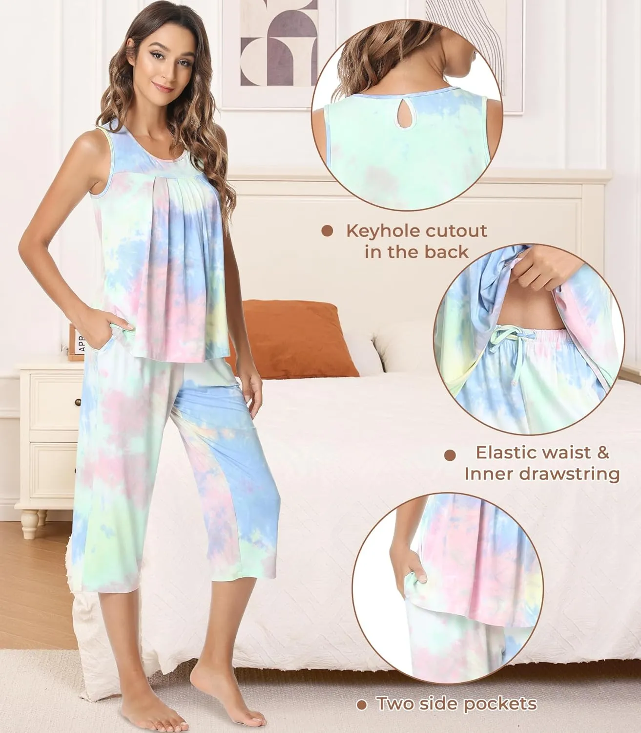 NACHILA Pajamas for Women-Viscose Made from Bamboo, Sleeveless Pjs Tank Top Capri Pants Pajama Sets Cooling Sleepwear