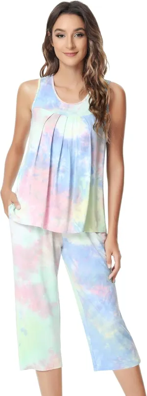 NACHILA Pajamas for Women-Viscose Made from Bamboo, Sleeveless Pjs Tank Top Capri Pants Pajama Sets Cooling Sleepwear