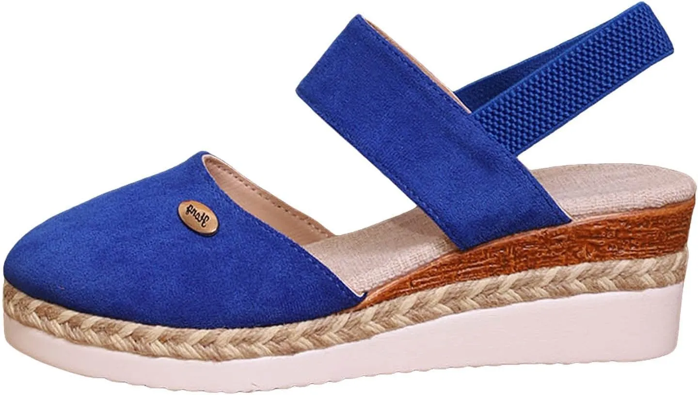 Orthopedic Platform Wedge Sandals for Women Summer Dressy Elastic Ankle Strap Closed Toe Anti Slip Beach Espadrilles Wedges Heel Casual Sandals Comfortable Shoes with Adjustable Buckle