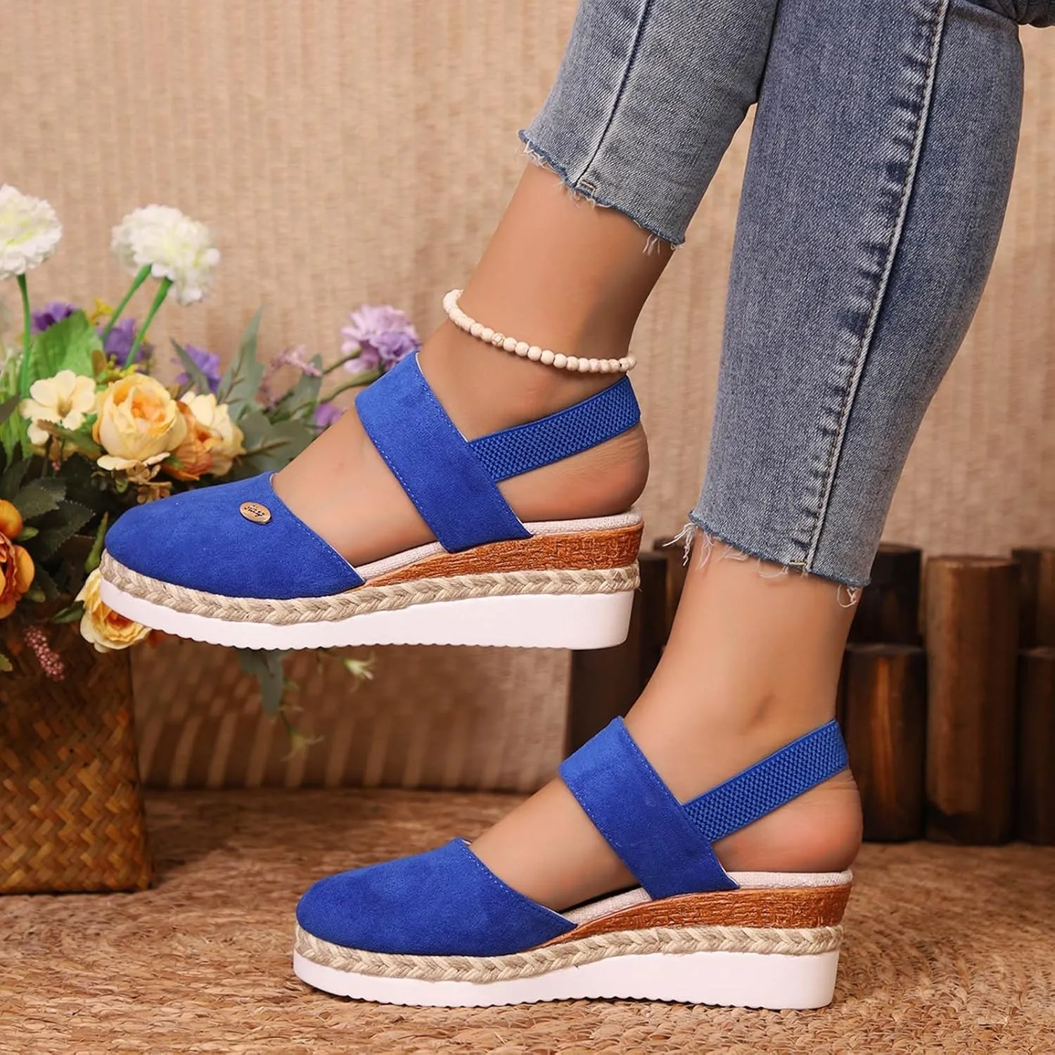 Orthopedic Platform Wedge Sandals for Women Summer Dressy Elastic Ankle Strap Closed Toe Anti Slip Beach Espadrilles Wedges Heel Casual Sandals Comfortable Shoes with Adjustable Buckle