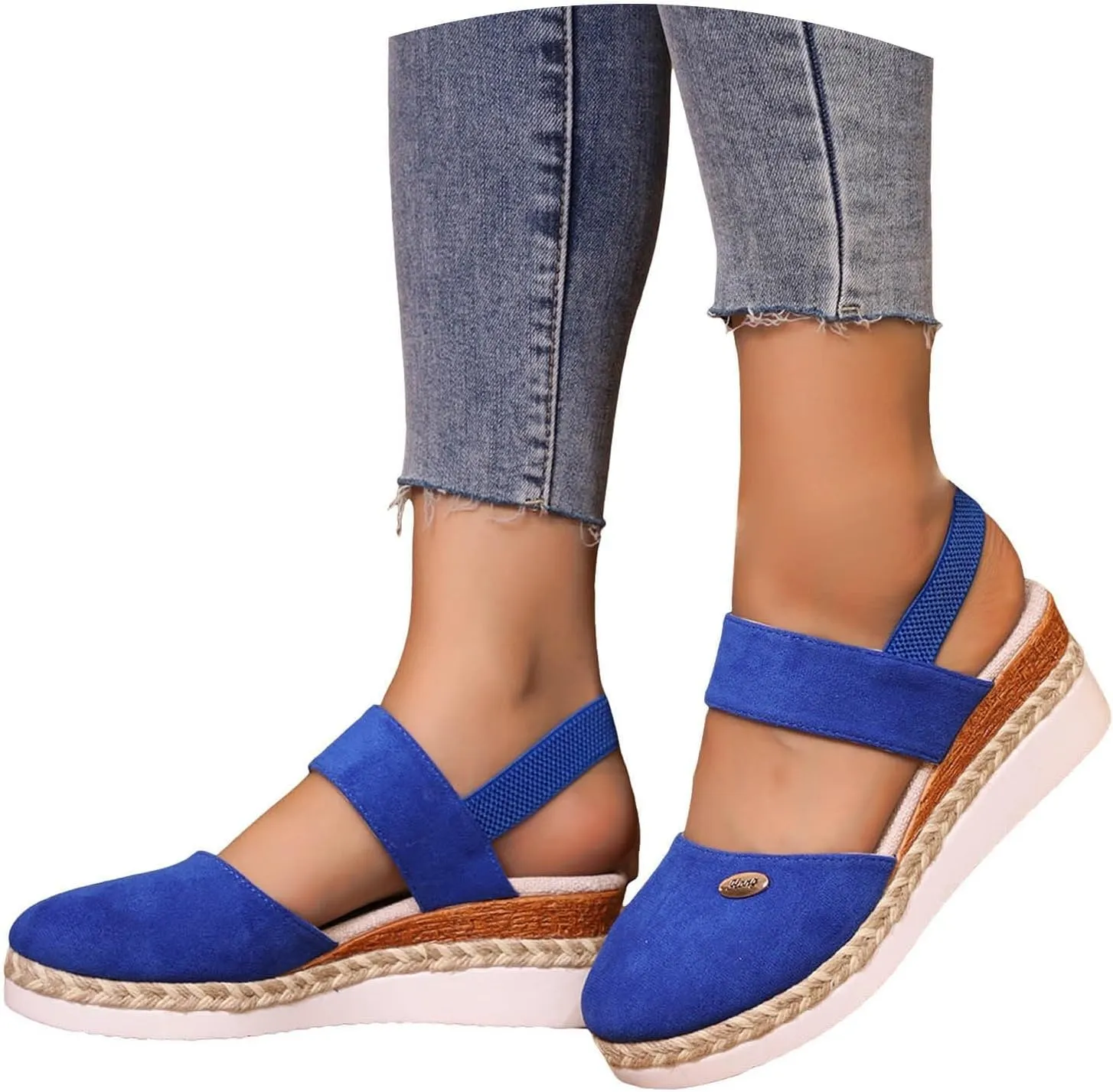 Orthopedic Platform Wedge Sandals for Women Summer Dressy Elastic Ankle Strap Closed Toe Anti Slip Beach Espadrilles Wedges Heel Casual Sandals Comfortable Shoes with Adjustable Buckle