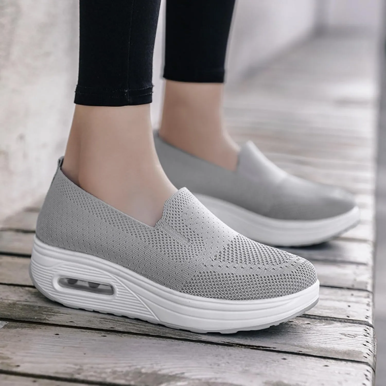 Orthopedic Sneakers for Women Slip-On Light Air Cushion Mesh Up Stretch Platform Orthopedic Sneakers Breathable Knitted Woven Low Top Walking Shoes Arch Support Non-Slip Shoe