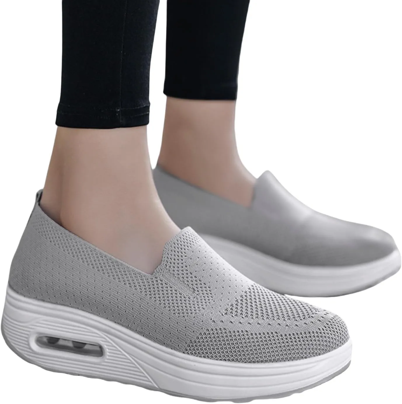 Orthopedic Sneakers for Women Slip-On Light Air Cushion Mesh Up Stretch Platform Orthopedic Sneakers Breathable Knitted Woven Low Top Walking Shoes Arch Support Non-Slip Shoe