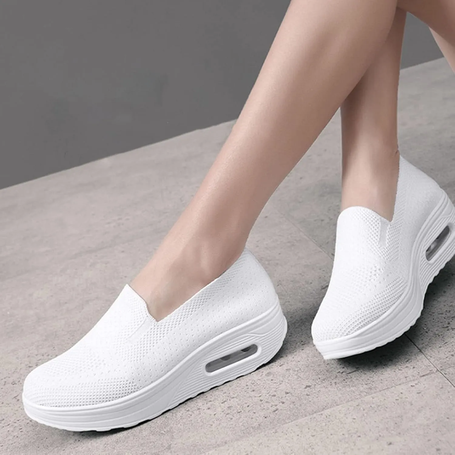 Orthopedic Sneakers for Women Slip-On Light Air Cushion Mesh Up Stretch Platform Orthopedic Sneakers Breathable Knitted Woven Low Top Walking Shoes Arch Support Non-Slip Shoe