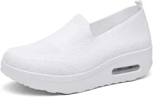 Orthopedic Sneakers for Women Slip-On Light Air Cushion Mesh Up Stretch Platform Orthopedic Sneakers Breathable Knitted Woven Low Top Walking Shoes Arch Support Non-Slip Shoe