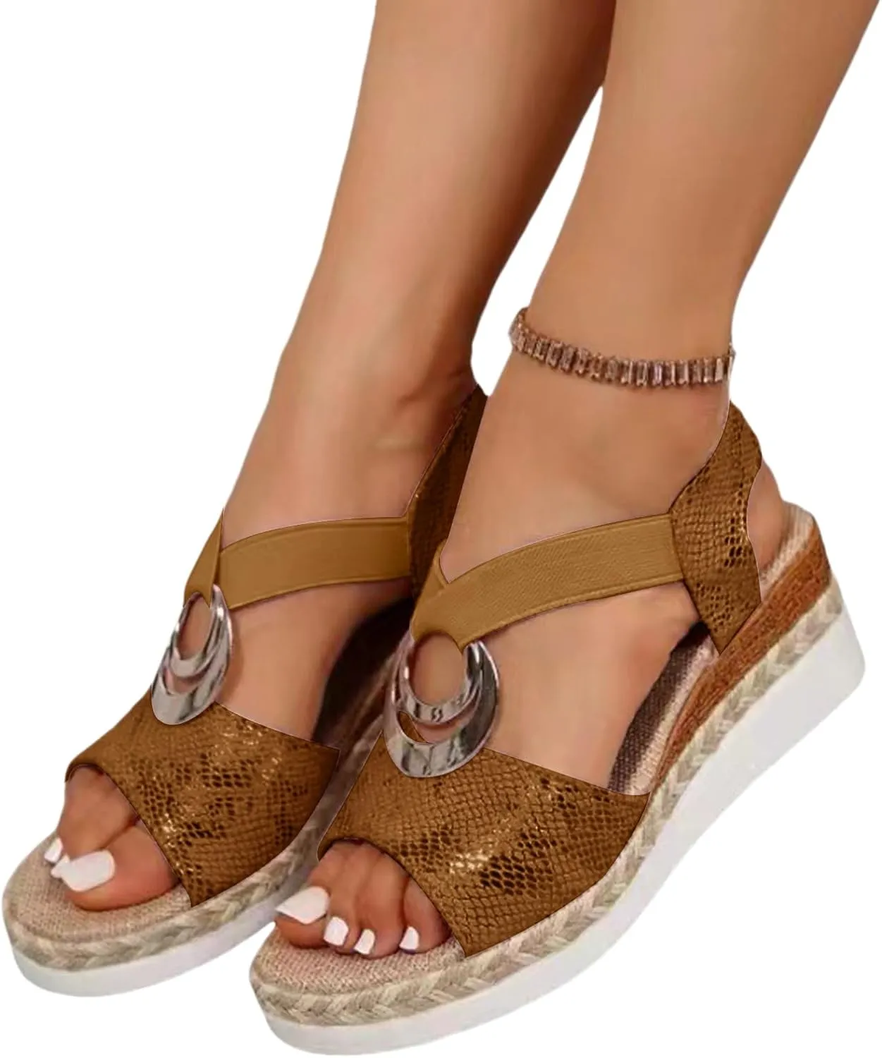 Orthopedic Wedge Sandals for Women Fashion Bohemian Leather Sandals Flat Open Toe Ankle Strap Espadrilles Walking Shoes Summer Lightweight Solid Color Outdoor Shoes Breathable Card Wedge Sneaker