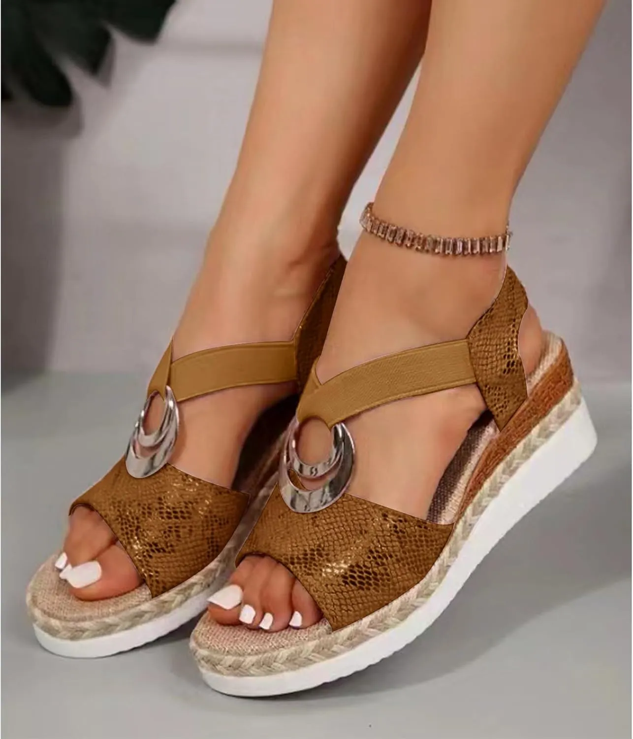 Orthopedic Wedge Sandals for Women Fashion Bohemian Leather Sandals Flat Open Toe Ankle Strap Espadrilles Walking Shoes Summer Lightweight Solid Color Outdoor Shoes Breathable Card Wedge Sneaker