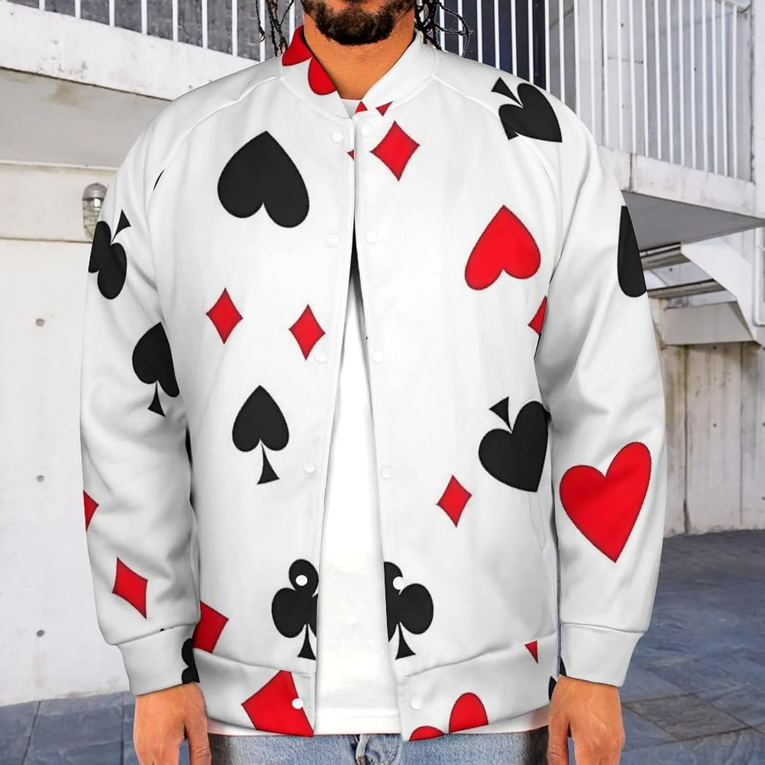 Poker Hearts Patterns Lightweight Men's Baseball Jackets Relaxed Fit Varsity Bomber Jacket Windbreaker Coat