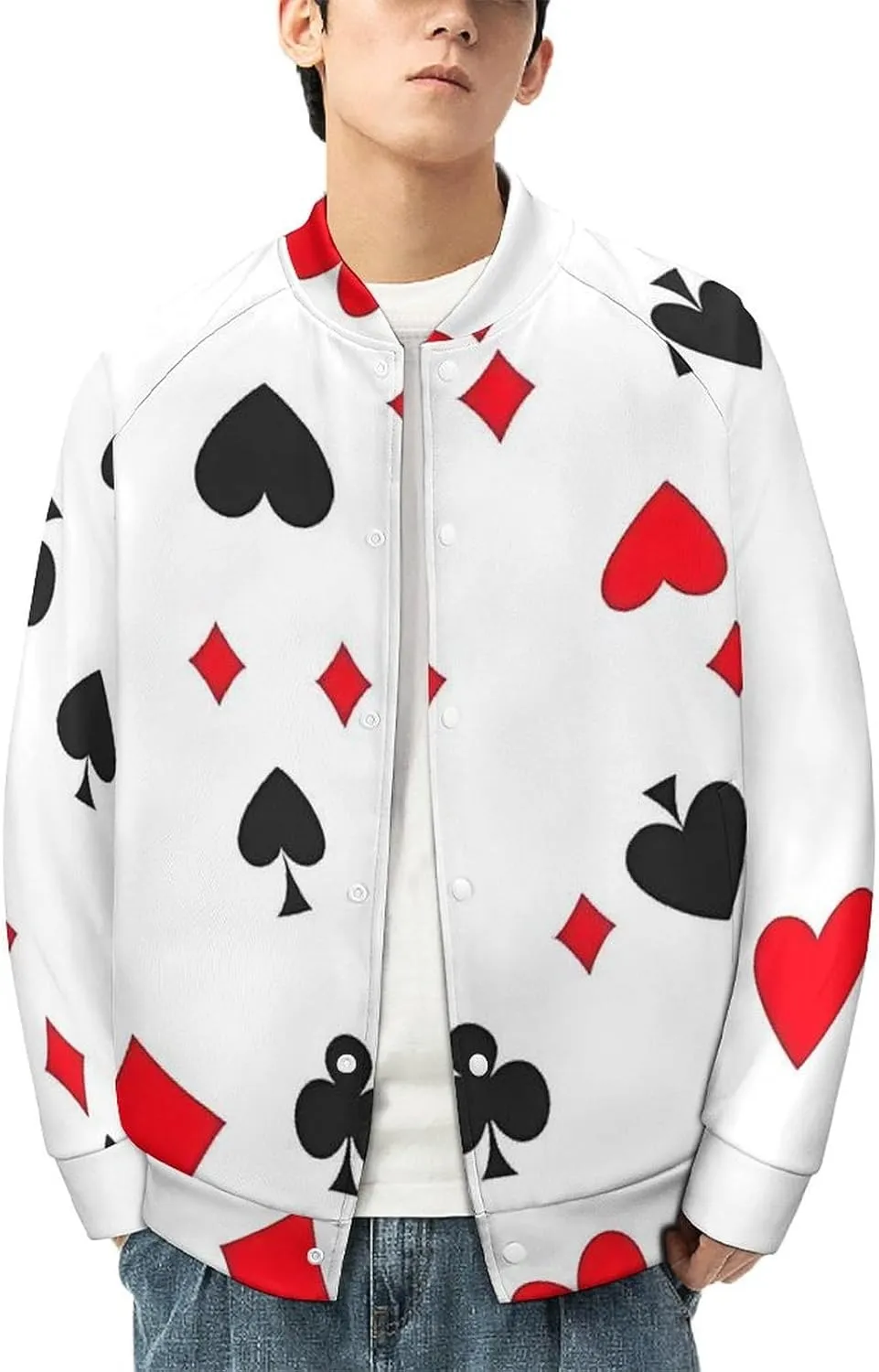 Poker Hearts Patterns Lightweight Men's Baseball Jackets Relaxed Fit Varsity Bomber Jacket Windbreaker Coat