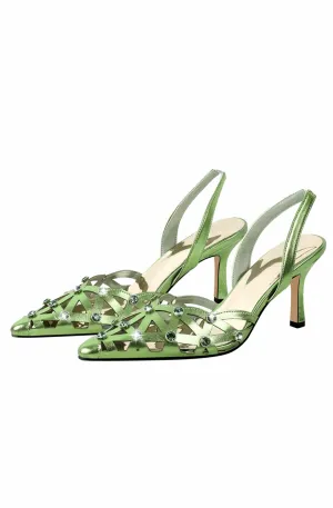Rhinestone pointed toe ankle strap buckle heeled sandals