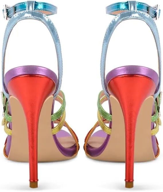 richealnini Glitter Buckle Heel for Women Ankle Strap Stiletto High Heels Colorful Fashion Sandals