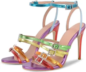 richealnini Glitter Buckle Heel for Women Ankle Strap Stiletto High Heels Colorful Fashion Sandals