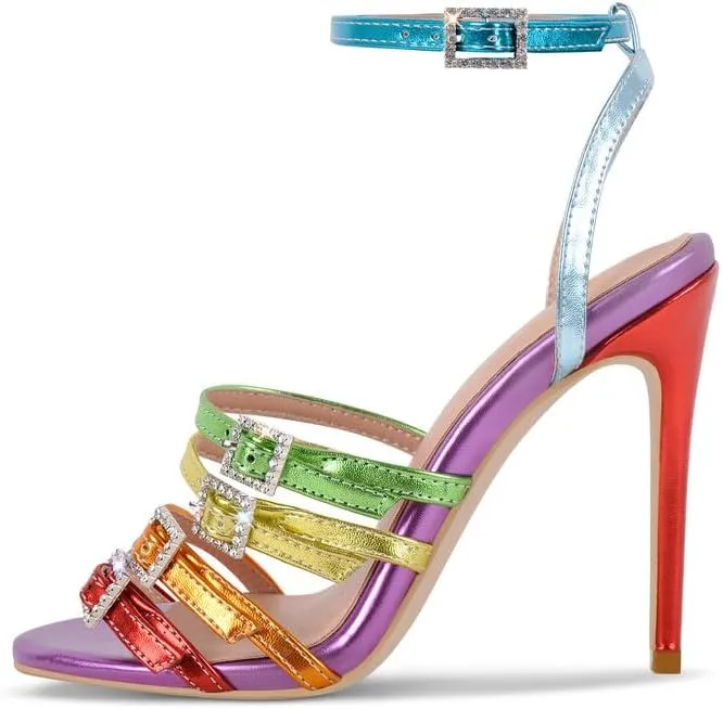 richealnini Glitter Buckle Heel for Women Ankle Strap Stiletto High Heels Colorful Fashion Sandals