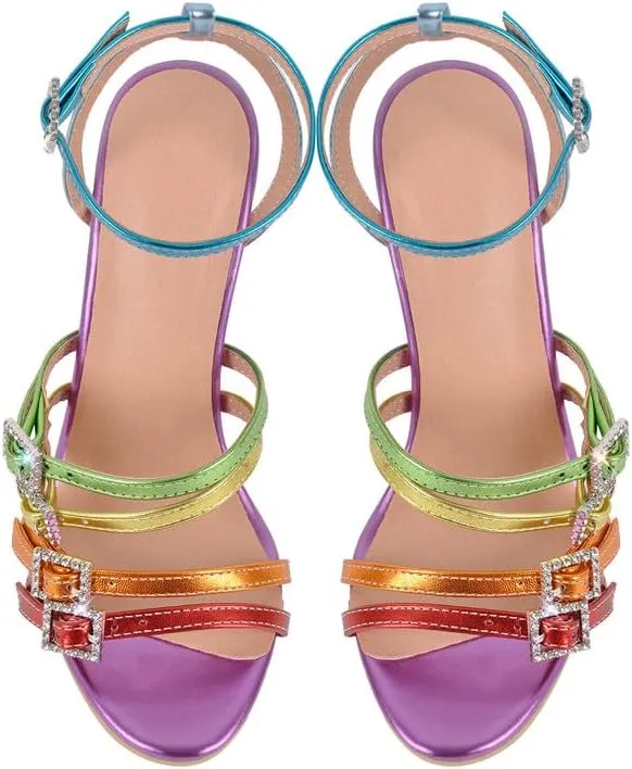 richealnini Glitter Buckle Heel for Women Ankle Strap Stiletto High Heels Colorful Fashion Sandals