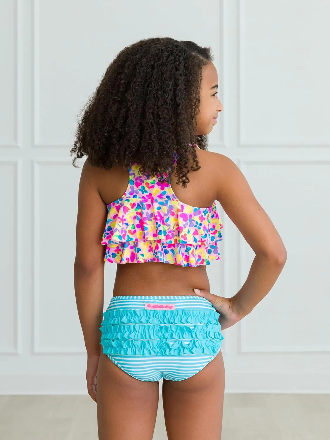 RuffleButts Girls UPF50  Sun Protection Flounce Bikini Two Piece Swimsuit