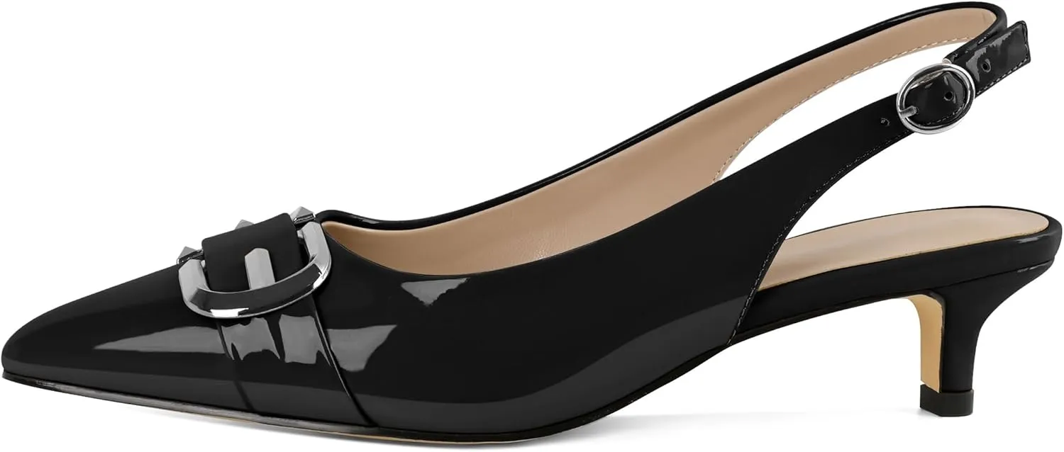 Slingback Kitten Heels for Womens Low Heel Pumps with Mental Buckle Pointed Toe Heels Elegant Comfortable Pumps 1.6 Inch Adorable Pumps