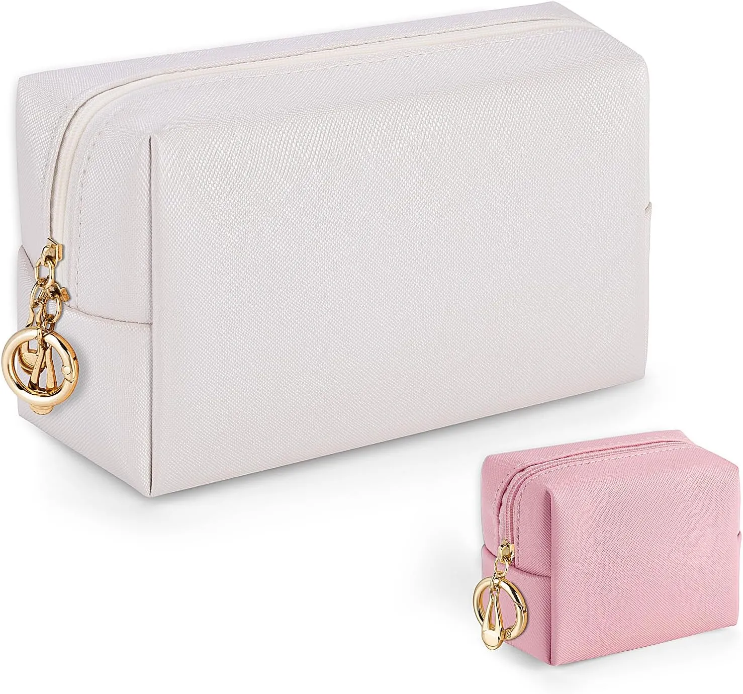 Small Makeup Pouch, 2 Piece Small Makeup Bag Set, Travel Mini Toiletry Bags Leather Makeup Bag for Purse, Cosmetic Bag for Girls Women with Ring Clip(Beige Pink, 4''  8'')