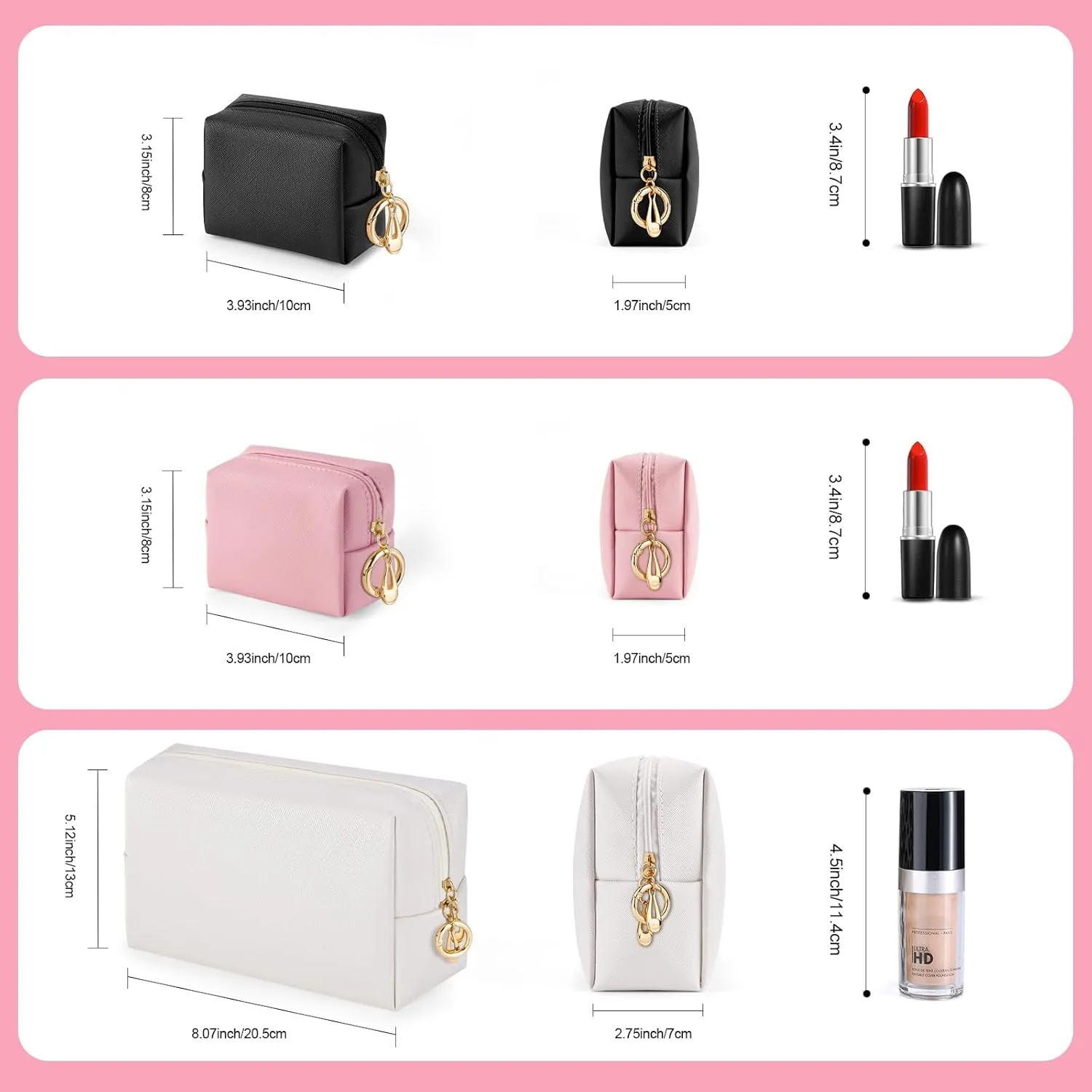 Small Makeup Pouch, 2 Piece Small Makeup Bag Set, Travel Mini Toiletry Bags Leather Makeup Bag for Purse, Cosmetic Bag for Girls Women with Ring Clip(Beige Pink, 4''  8'')