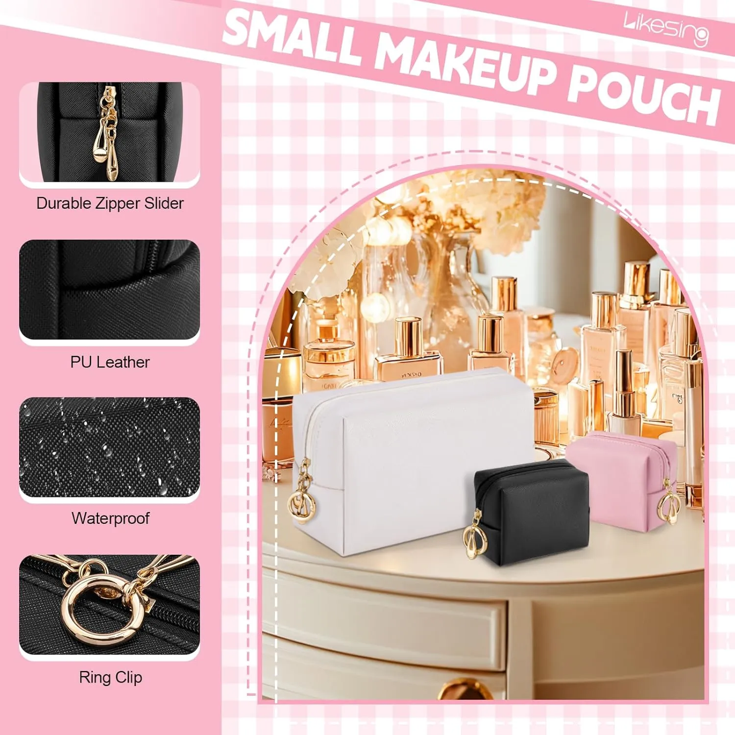 Small Makeup Pouch, 2 Piece Small Makeup Bag Set, Travel Mini Toiletry Bags Leather Makeup Bag for Purse, Cosmetic Bag for Girls Women with Ring Clip(Beige Pink, 4''  8'')