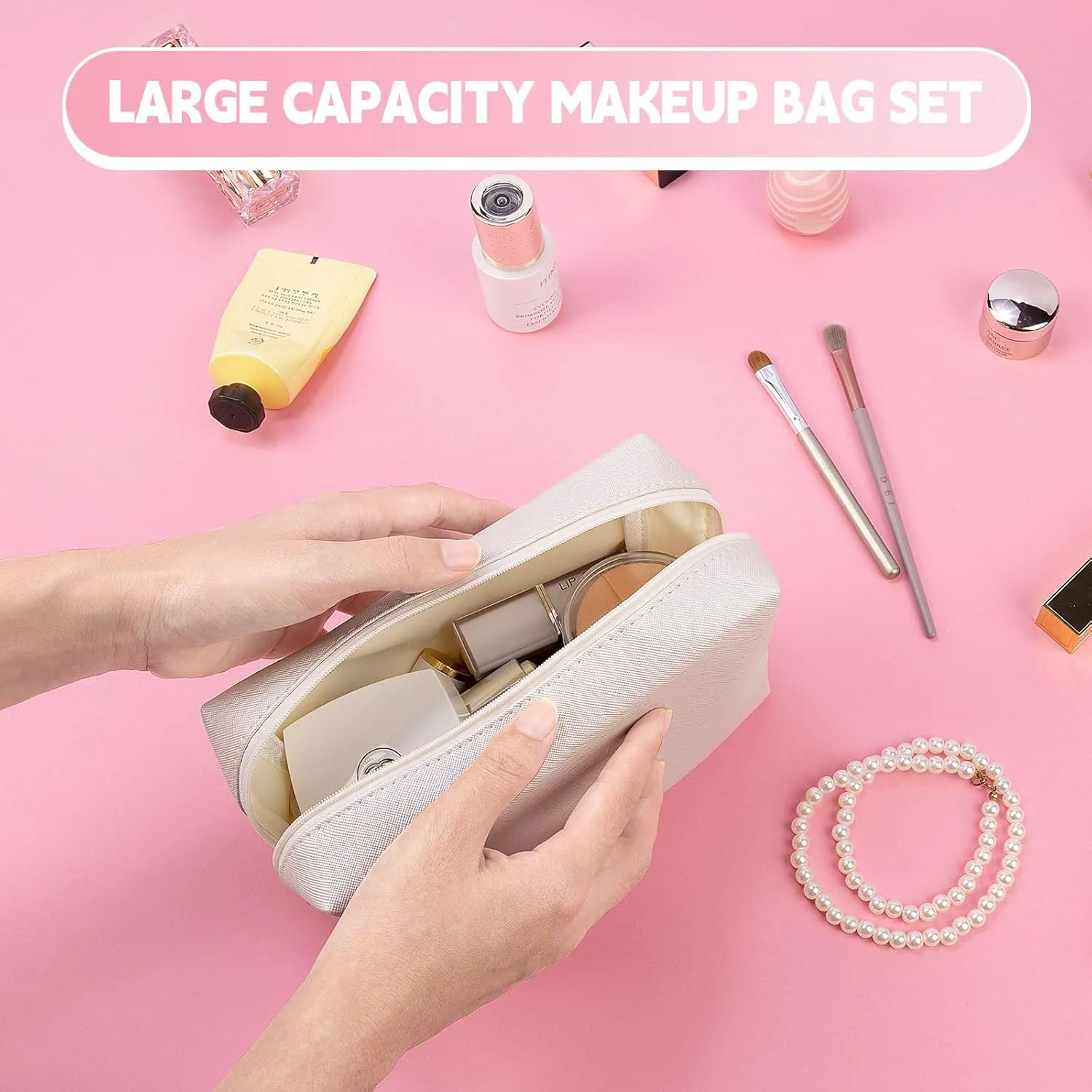Small Makeup Pouch, 2 Piece Small Makeup Bag Set, Travel Mini Toiletry Bags Leather Makeup Bag for Purse, Cosmetic Bag for Girls Women with Ring Clip(Beige Pink, 4''  8'')