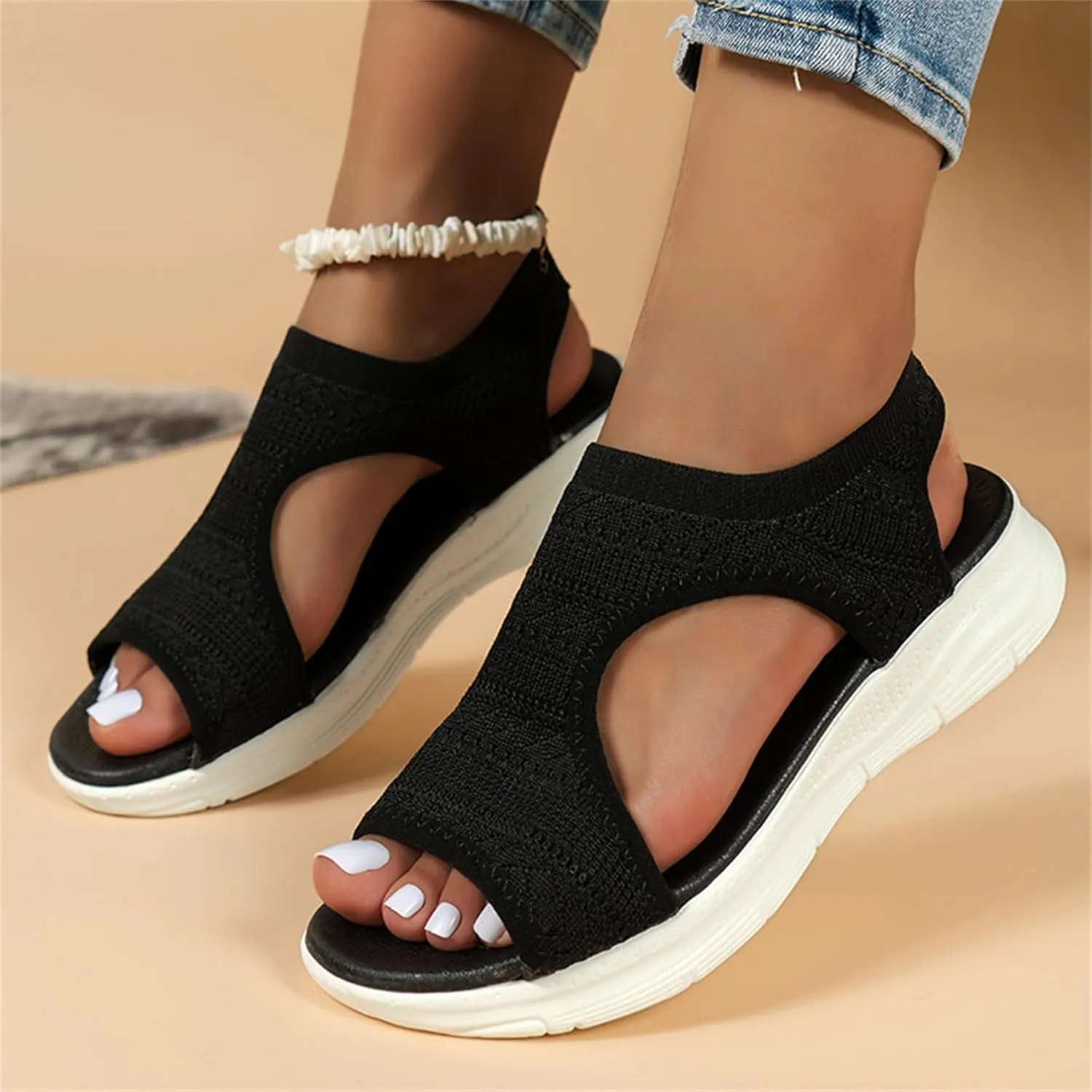 Summer Slingback Orthopedic Slide Sport Sandals Flexible Upgrade Washable Comfy Knit Thick Bottom Fish Mouth Sandals Orthotic Slide Casual Women's Shoes,Black,US11/EU43