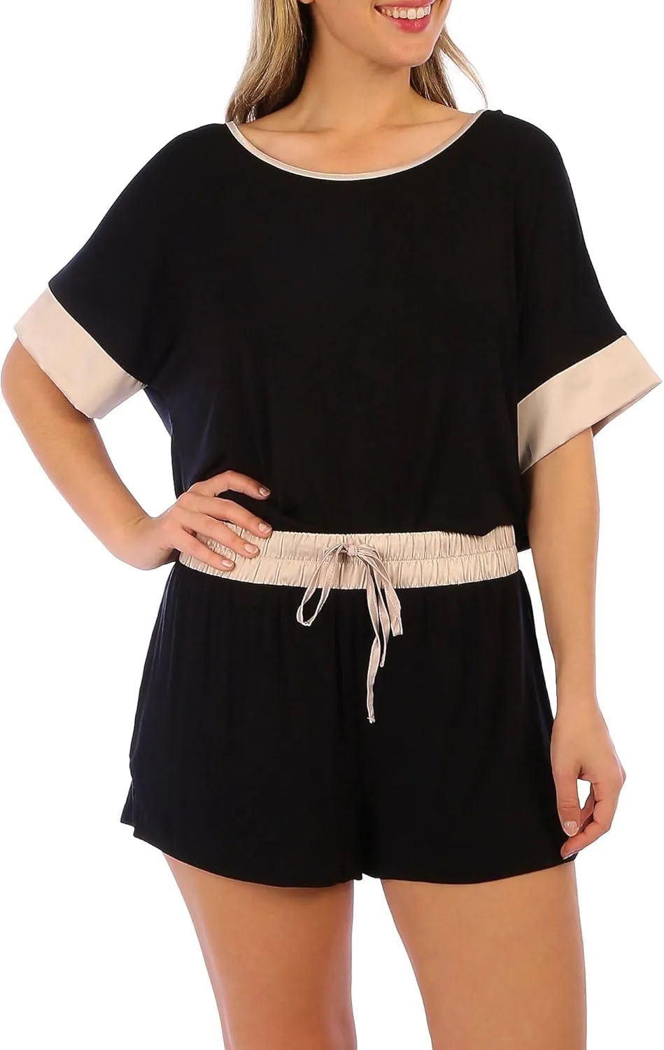 TAHARI Women's 2 Piece Cooling Short Sleeve Top and Shorts with Satin Hem Pajama Set