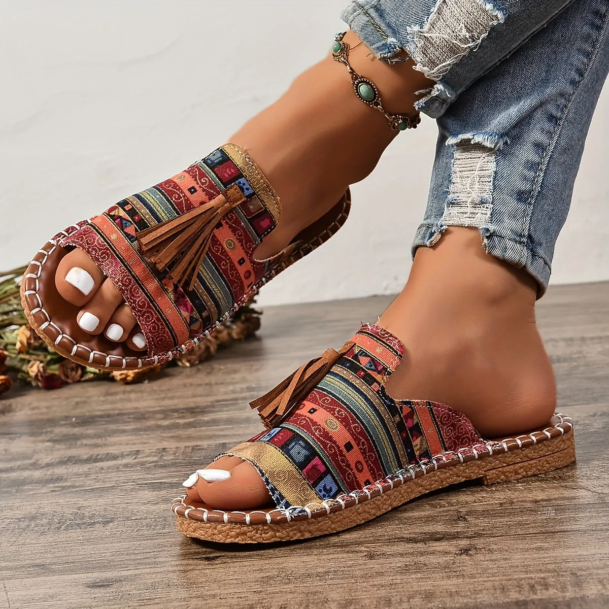 Tassel Flat Sandals  Ethnic Style Open Toe Fisherman Design