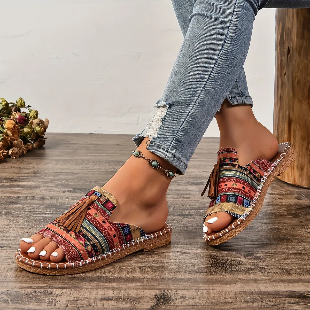 Tassel Flat Sandals  Ethnic Style Open Toe Fisherman Design