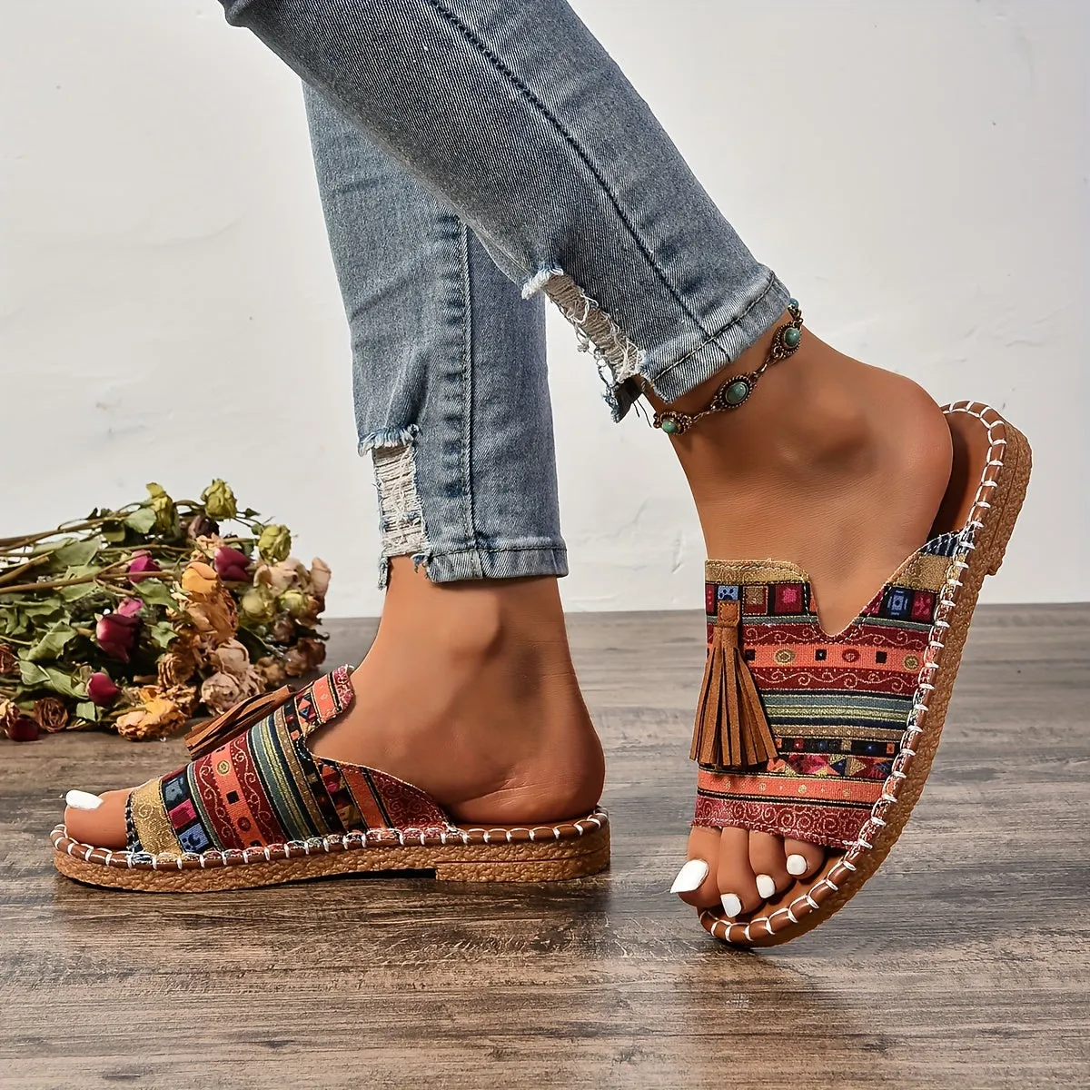 Tassel Flat Sandals  Ethnic Style Open Toe Fisherman Design