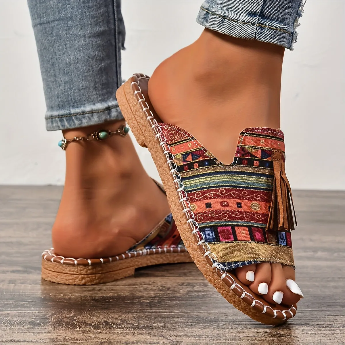 Tassel Flat Sandals  Ethnic Style Open Toe Fisherman Design