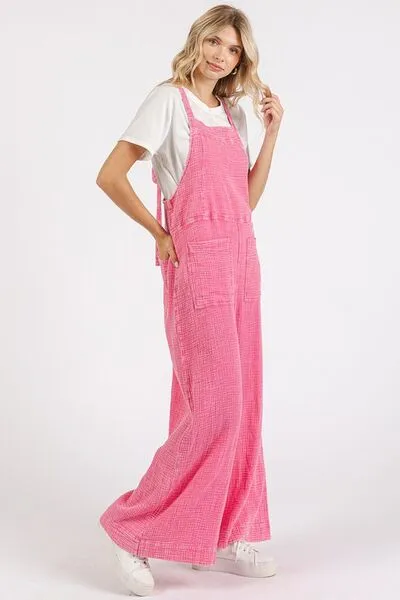 Textured Wide Leg Overalls in Barbie Pink