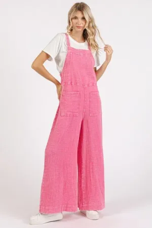 Textured Wide Leg Overalls in Barbie Pink